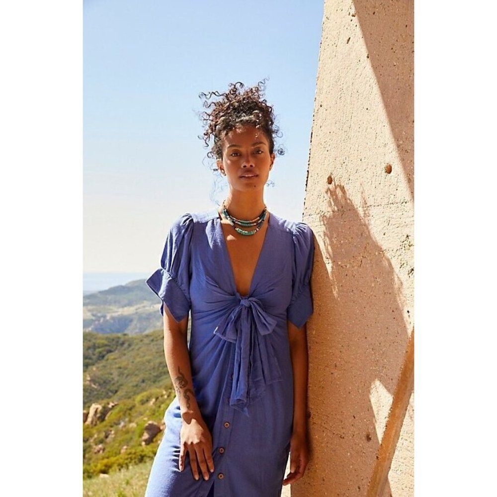 NEW FREE PEOPLE ENDLESS SUMMER SzXS VINTAGE SUMMER RUCHED BUTTON MIDI DRESS BLUE